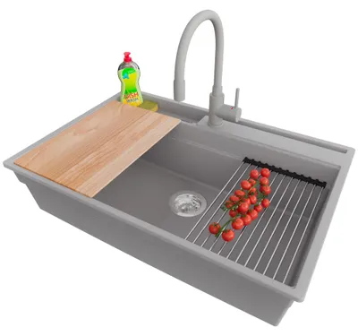 Produktbild von PRIMAGRAN Granitspüle Grau 78x53cm, Spülbecken 1 Becken + Küchenarmatur 38x14cm + Ablauf-Set + Küchenzubehörset, Küchenspüle ab 80er Unterschrank - Oslo Pocket