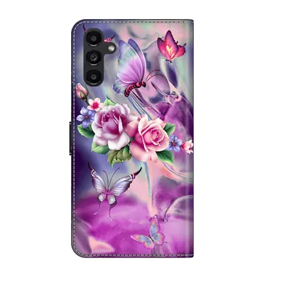 Produktbild von CLM-Tech Handyhülle kompatibel mit Samsung Galaxy A35 5G Hülle - Tasche aus Kunstleder - Klapphülle mit Ständer und Kartenfächern - Schutzhülle Wallet Case Cover lila Blumen Schmetterlinge
