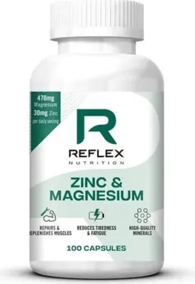 A white bottle of Reflex Nutrition Zinc & Magnesium supplement capsules.