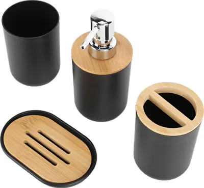 Produktbild von Badezimmer-Set Flüssigseifenspender Zahnbürste Becher Seifenschale