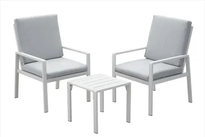A white outdoor furniture set consisting of two chairs and a small table, presented against a white background.