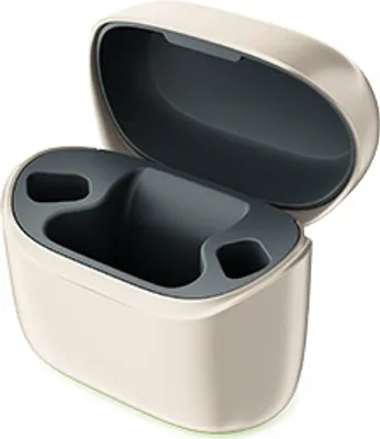 An open charging case for hearing aids.