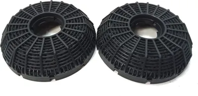 Two black circular charcoal filters for a range hood.