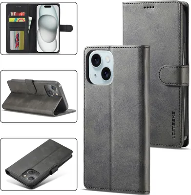 Image de Étui pour iPhone 15 Plus étui en cuir avec fermeture magnétique et support, étui de protection noir