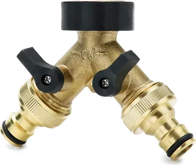 Immagine prodotto di collettore dell'acqua a 2 vie - Collettore a Y - Collettore dell'acqua in ottone da 3/4" con valvole di intercettazione e attacchi rapidi