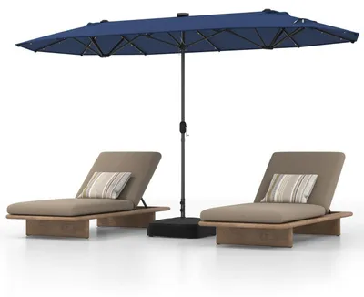 Produktbild von Doppelsonnenschirm 400 x 200 cm mit LED-Solar-Beleuchtung, Sonnenschutz UPF 50+, inkl. Ständer & Sandsäcken, Blau