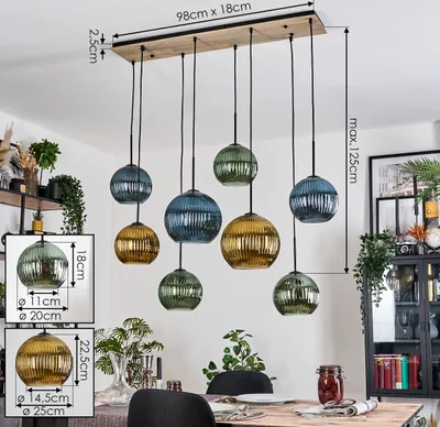 Produktbild von Cesaro Hängelampe aus Metall/Holz/Riffelglas in Schwarz/Natur/Grün/Blau/Gold