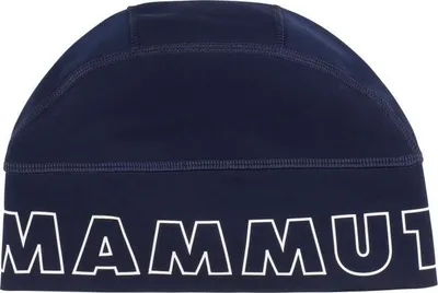 Dunkelblaue Mammut Aenergy Beanie mit weißem Markenlogo am Rand