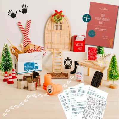 Produktbild von 30tlg. Wichteltür-Set als Rundum-sorglos-Paket inkl. Handbuch mit vorgeschriebenen Wichtelbriefen, detailliertem Ablaufplan, Wichtelstreiche u.v.m.