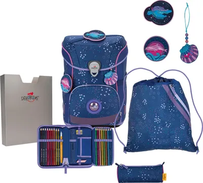 A collection of school supplies including a backpack, pencil case, and other accessories, laid out on a white background.