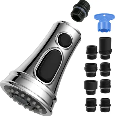 A shower head for a kitchen faucet with various adapters and a blue tool.