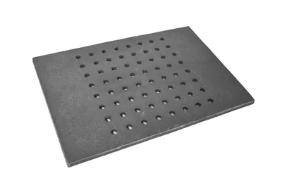 A square grate with many small holes, placed on a white background.