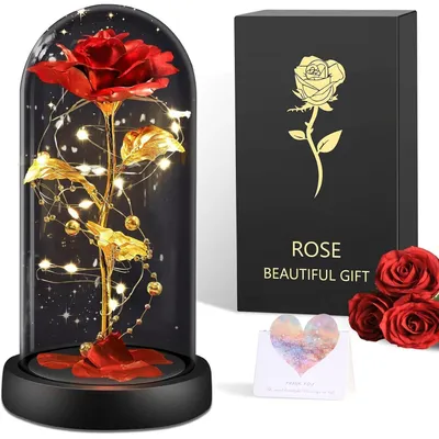 Productafbeelding van Eeuwige roos in een glazen vaas met LED-verlichting, decoratie voor vrouwen, cadeau-idee, klassieke rode roos