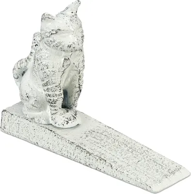 Produktbild von Relaxdays Türstopper, Katze, Gusseisen, Türpuffer für Boden, innen & außen, H x B x T: 11 x 15 x 4 cm, Türkeil, weiß