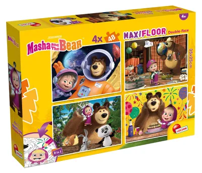 Produktbild von Lisciani - MASHA UND DER BÄR Maxi-Bodenpuzzle - 4 x 48 Teile - Für Kinder ab 4 Jahren - 25x35cm - Vier Puzzles Masha and the Bear mit doppelseitigem Malen - Entwickelt Reflexion und Geschicklichkeit