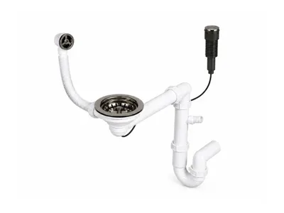 Produktbild von GranMaster Premium Raumsparsiphon für 1-Becken-Spülbecken Gunmetal – Ablaufgarnitur mit Exzenterbedienung, rundem Überlauf und Geräteanschluss