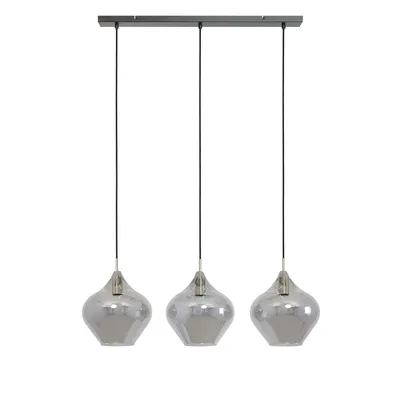 A modern pendant light fixture with three glass shades.