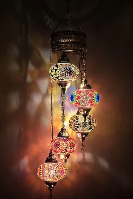 Produktbild von Türkische Hängelampe - Handgemachte Mosaiklampe - Marokkanische Deckenleuchte - 5 bunte Glaskugeln
