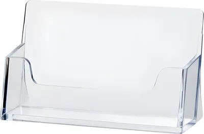 A clear, studio shot of a transparent plastic business card holder.