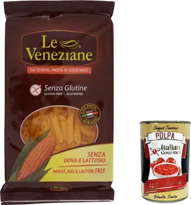 Produktbild von 4x Le Veneziane Pasta di Mais Penne rigate senza glutine,100% italienische Maisnudeln, glutenfrei. gluten free 250g + Italian Gourmet polpa 400g