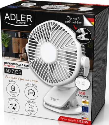 Zdjęcie produktu dla Wentylator Akumulatorowy 5”/12,7cm Z Klipsem - USB / LED ADLER AD 7335