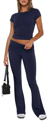 Produktbild von Damen-Trainingsset Crop Top Glockenärmel Bequem Sportlich Navy Blau L