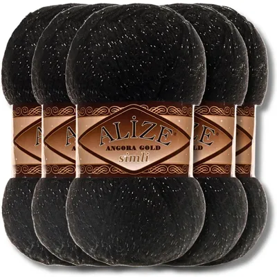 Produktbild von Alize 5x 100g Angora Gold Simli Wolle mit Glitzer, Uni, Häkeln, Stricken (Black | 60)