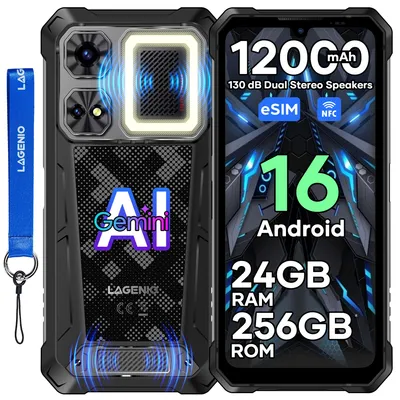 Immagine prodotto di LAGENIO Rhino 1 Pro Black Smartphone cellulare outdoor, 6,9" 120Hz 12.000mAh lunga durata OTG IP69K Impermeabile Protezione antiurto Cantiere NFC, 64MP 8GB RAM