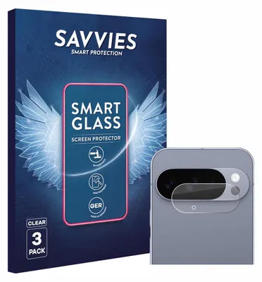 A product box for screen protectors and a close-up of the screen protector on a phone camera.