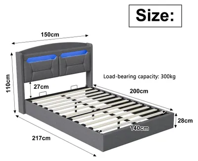 Image de Lit avec rangement - Lit double rembourré 140x200 cm - Éclairage LED - Système de levage hydraulique - Tête de lit avec ports USB - Coffre de lit - Sommier à lattes - Gris clair