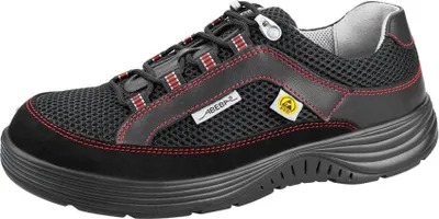 A single black safety shoe with red stitching and accents, shown from a side-angle on a white background.