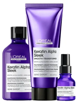 Produktbild von L'Oréal Professionnel Serie Expert Keratin Alpha Sleek Shampoo 300 ml + Smooth Transformer Treatment 200 ml + Serum 50 ml Set