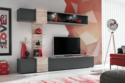 Zdjęcie produktu dla Designerski salon nowoczesny zestaw szafka wisząca półki ścienne szary stojak TV
