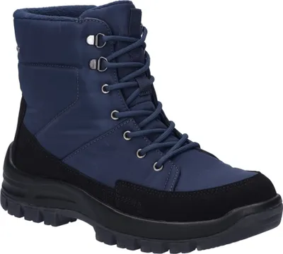 A single blue and black boot is shown against a white background.
