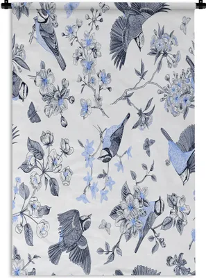 Produktbild von MuchoWow® Wandteppich Wandbehang Blumen - Vogel - Blau 60x90 cm Tapisserie Dekoration Wandtuch - Foto-Teppich - Abwaschbar