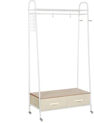 Obrázek produktu pro Věšák na kabáty - Kovový - S kolečky - Tyč na oděvy, police a zásuvky - Rozměry 99 × 47 × 185 cm - Nutná montáž - Bílý