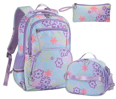 Productafbeelding van Schooltas voor meisjes, tiener, 3-delige set, bloemenprint, paars