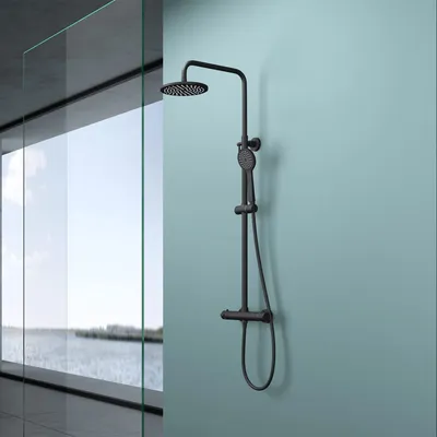 Produktbild von doporro Design Duscharmatur in Schwarz Matt | Duschstange mit Duschkopf rund und Regendusche | Duschsystem wassersparend mit Wandhalterung