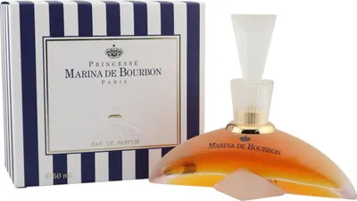 Edler Flakon von Marina de Bourbon Classique vor gestreifter Verpackung in Blau-Weiß mit goldenen Details.