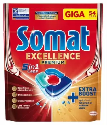 Zdjęcie produktu dla SOMAT Excellence Premium 5 w 1 Caps Kapsułki do mycia naczyń w zmywarkach 1053 g (54 sztuki)