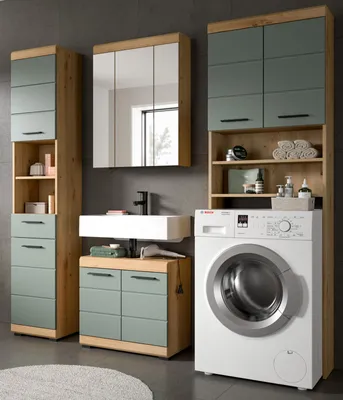 A modern bathroom vanity set with a washing machine.