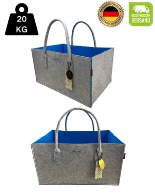 Two identical gray felt shopping baskets with blue interiors are shown against a white background. The top basket is slightly angled, while the bottom basket is shown more directly from the front.