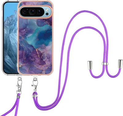 Image de Etui avec sangle pour Google Pixel 9, bumper TPU à motifs, étui de protection avec sangle ajustable Bleu foncé