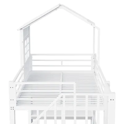 Produktbild von Flieks Etagenbett 90x200cm mit Ablagen, Kinderbett Hausbett mit Fenster, Hochbett Metallbett mit Treppe und Rausfallschutz, Stockbett Weiß