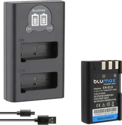 Produktbild von 1x Akku + LCD Lader für Nikon EN-EL9  DSLR D40 D60 D3000 D5000 1000 mAh (7,2V)