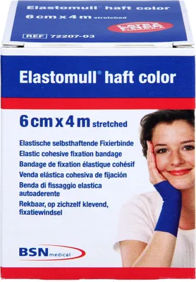 Produktbild von Elastomull haft 4 m x 6 cm color blau kohäsive elastische Fixierbinde, 1 St. Binde