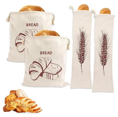 Produktbild von Brotbeutel-Set aus Leinen und Baumwolle - Mit Kordelzug zur Aufbewahrung und Frischhaltung - Für Brot und Baguette - 2x 30x40 cm und 2x 15x65 cm
