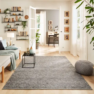 Produktbild von Steffensmeier Handwebteppich Rellenbach | Wolle (Schurwolle), gewalkt, Anthrazit, handgewebt, Größe: 300x390 cm Wohnzimmer und Schlafzimmer