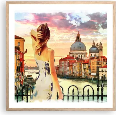 Produktbild von Gerahmtes Poster - Rahmen in heller Eiche - Venedig Brücke Wasser - 60x60 cm - Wand Bild - Wanddeko - Wandbilder - Wandposter - Bilderrahmen - Bilder - Kunstdruck - Wandbild - P2NAC60x60-3495