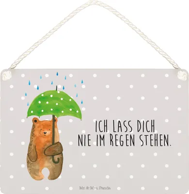Produktbild von Mr. & Mrs. Panda Schild Bär Regenschirm DIN A5 - Grau Pastell - Geschenk, Liebe, Partner, Holzschild, Pärchen, Familie, wandtafel, Türschild, Teddy, Liebeskummer, Spruch